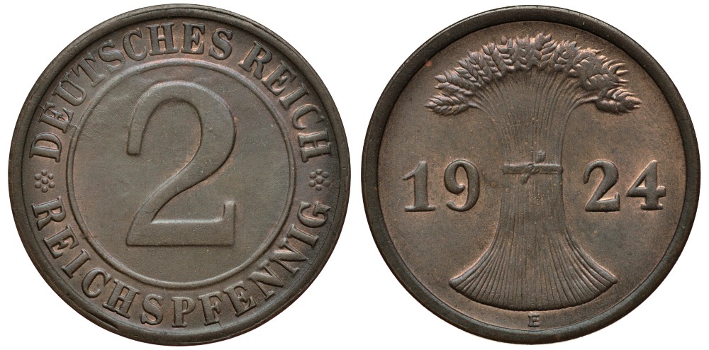 ГЕРМАНИЯ 2 РЕЙХСПФЕННИГА 1924 Е KM 38, J. 314 бронза 413-3434