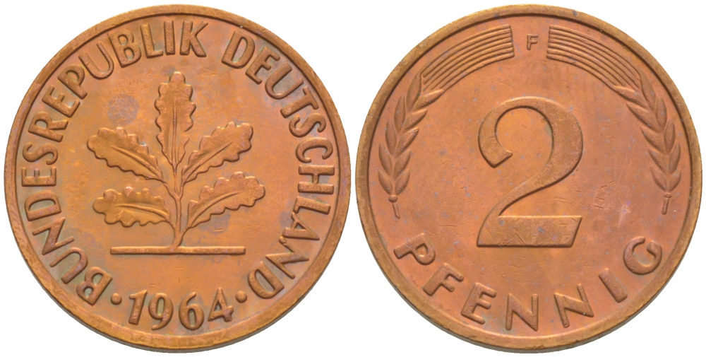 ФРГ 2 ПФЕННИГА 1964 F KM 106, J.381 бронза 3718-363