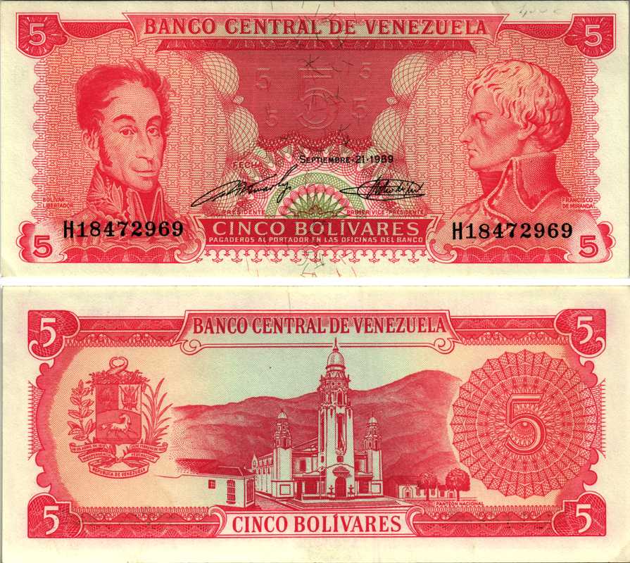 Венесуэла 5 боливаров 1989 21 СЕНТЯБРЯ 1989 Pick 70b бумага UNC (пресс) 8605-8-4-2