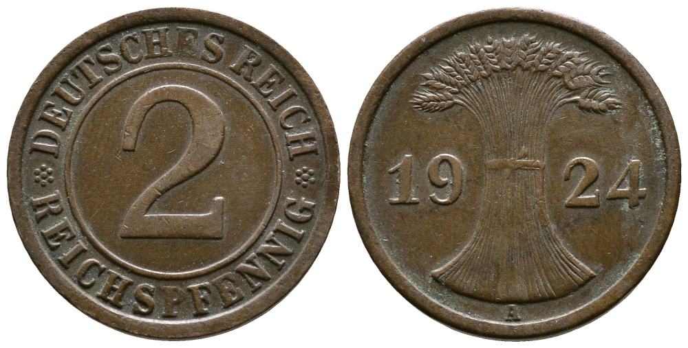 ГЕРМАНИЯ 2 РЕЙХСПФЕННИГА 1924 A KM 38, J. 314 бронза 93-1051