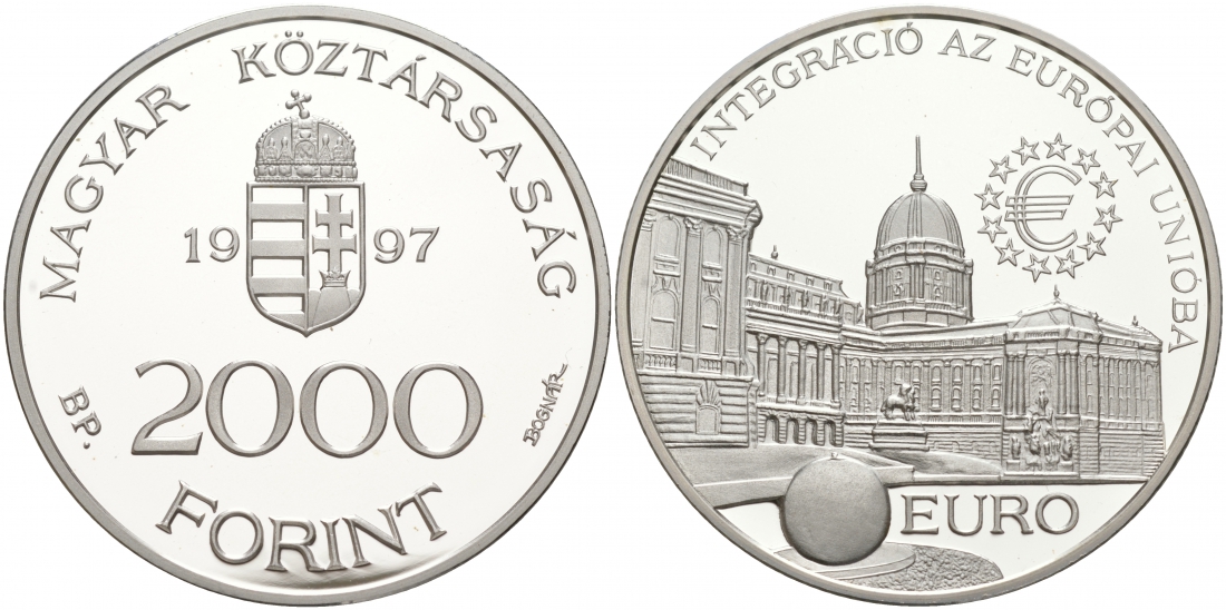 Венгрия 2000 форинтов 1997 интеграция в европейский союз, королевский дворец в Будапеште KM 724 серебро PROOF 02-038-24