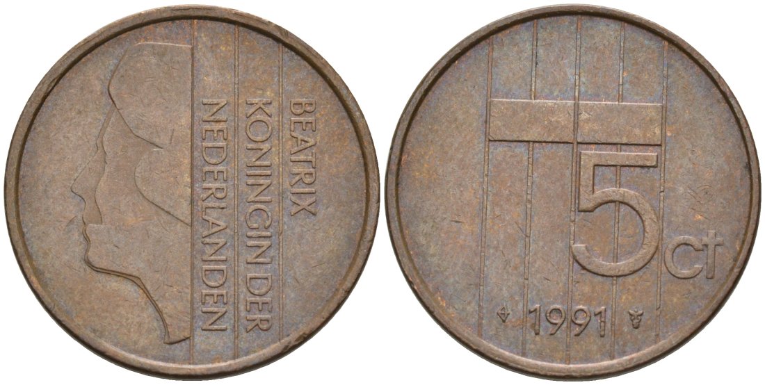 Нидерланды 5 центов 1991 Беатрикс (1980-2013) KM 202 бронза 4573-425
