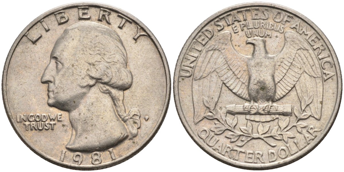 США 25 центов = квотер 1981 P, Вашингтон KM A164a медь плакированная медно-никелем 4584-1131