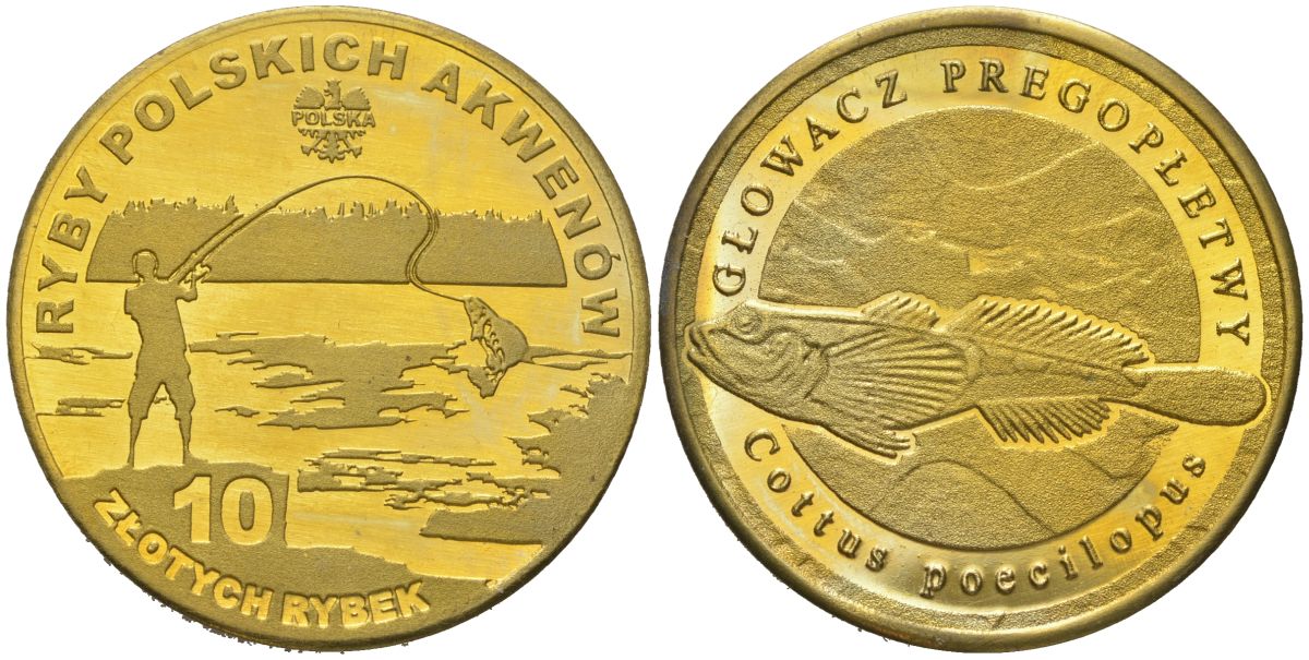 Польша 10 злотых рыб ND (2008, 2009, 2010) Рыба, подкаменщик, диаметр 32,5 мм, вес 13,2 гр латунь PROOF 1085-8-61