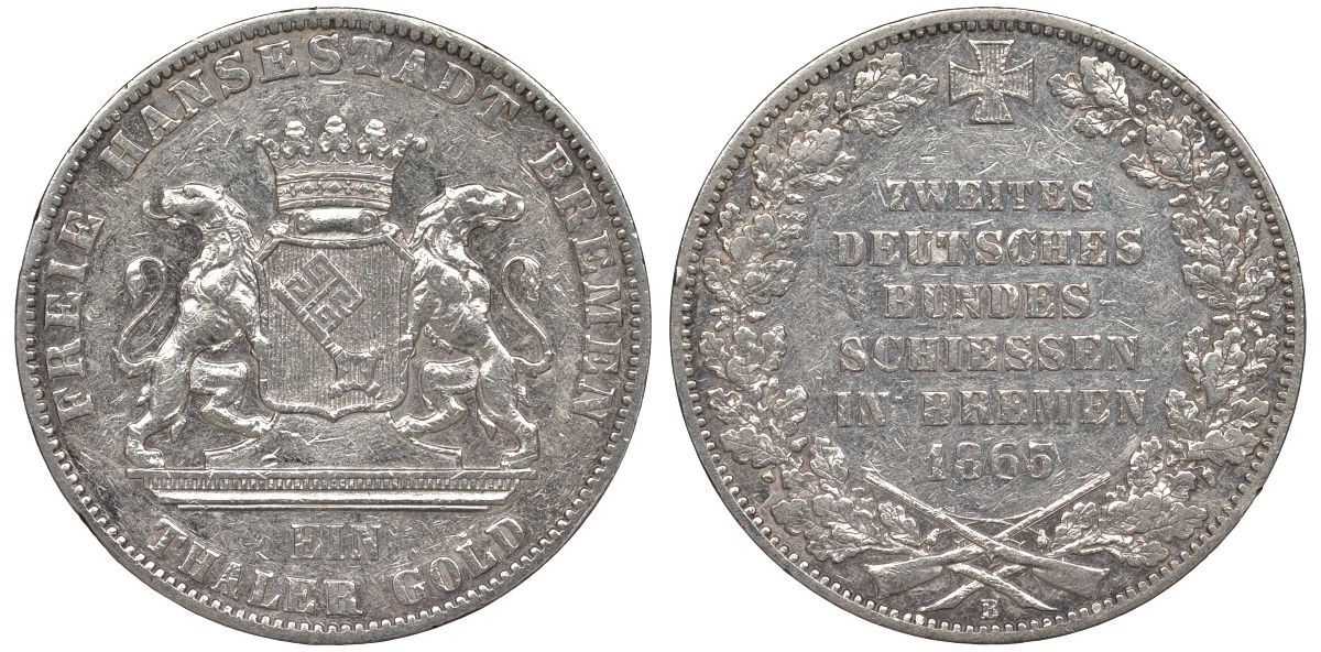 Бремен 1 талер 1865 стрелковый фестиваль KM 248, Jaeger 27, Thun 126, AKS 16, Kahnt. 163, Davenport 628 серебро 00-806-12