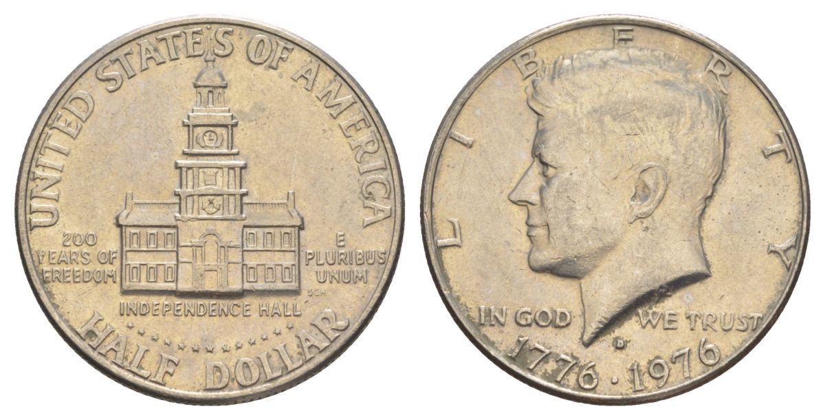 США 1/2 доллара (50 центов) 1976 D, 200 лет независимости, Джон Кеннеди KM 205 медь плакированная медно-никелем aUNC 4545-614