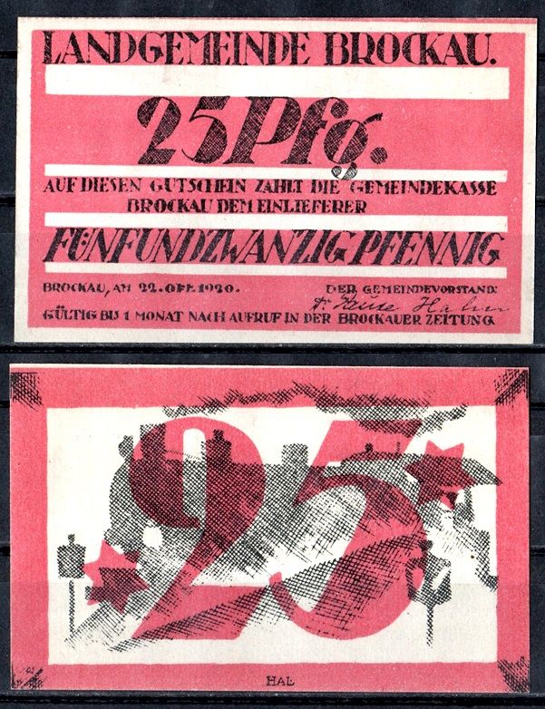 Брокау (Пруссия, Нижняя Силезия) 25 пфеннигов 1920 Mehl Grabowski 189a.1-2/3 бумага UNC (пресс) 7555-52-1-1