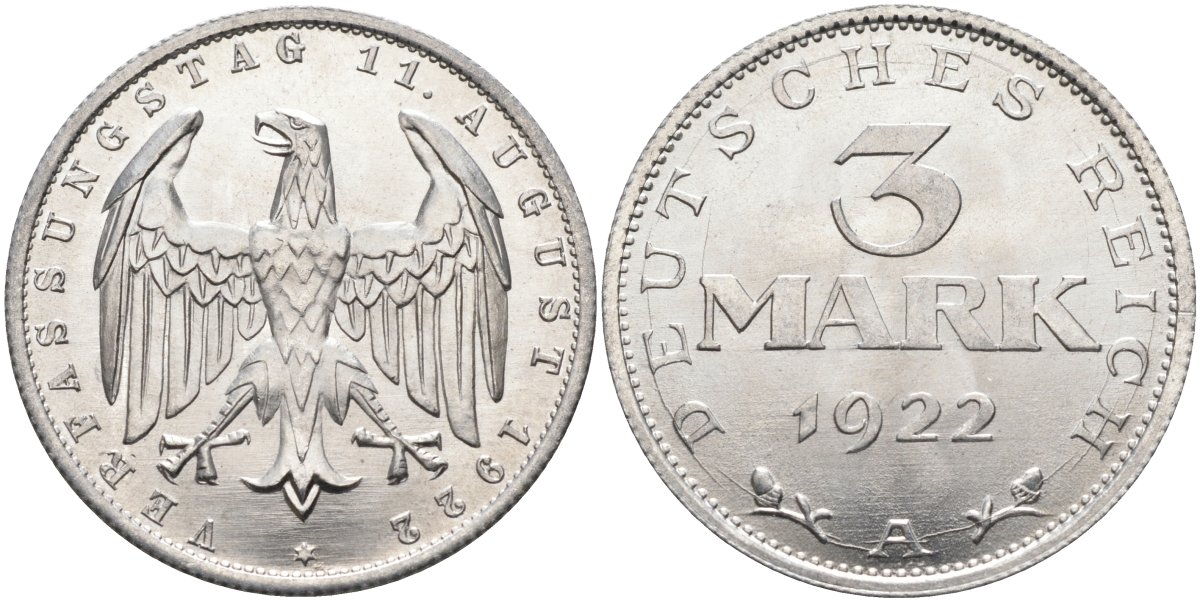 Германия 3 марки 1922 A, третья годовщина Веймарской Конституции KM 29, J.303 алюминий UNC 4587-132