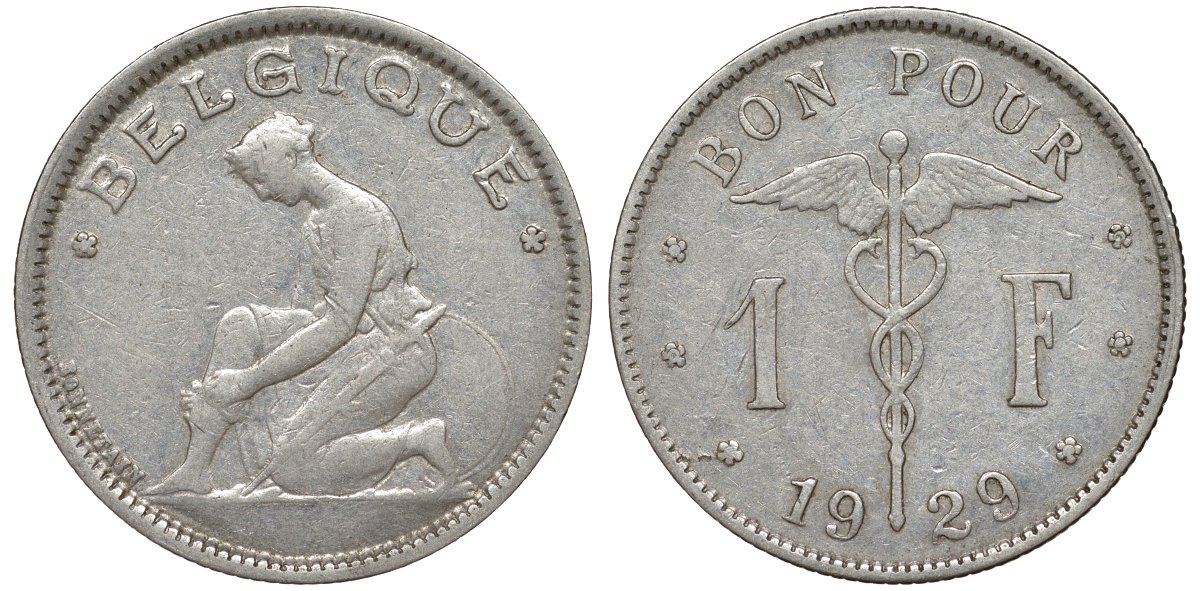 Бельгия 1 франк 1929 Belgique KM 89 никель 51-2041