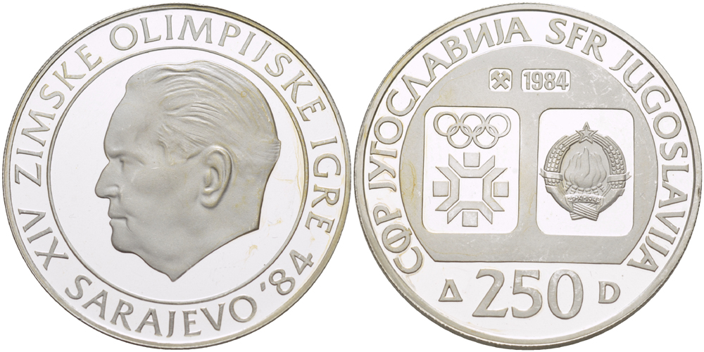 Югославия 250 динаров 1984 XIV зимние Олимпийские игры в Сараево 1984 года, ГОЛОВА ТИТО KM 108 серебро PROOF 1074-6-51