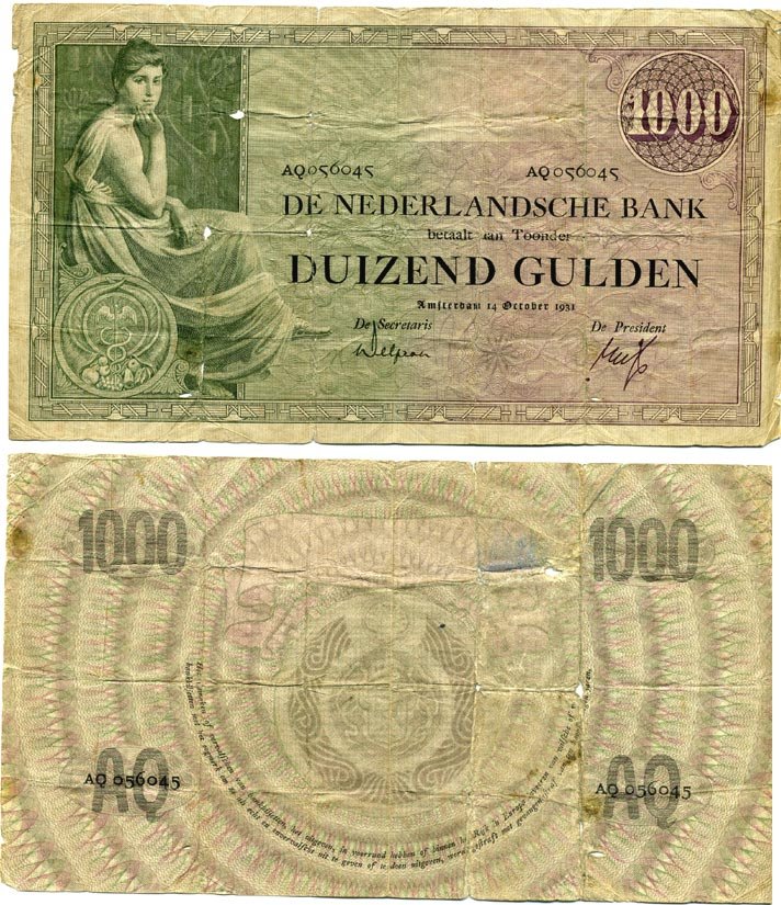 Нидерланды 1000 гульденов 1926 (1931) 14 октября 1931, серия AQ Pick 48, Akkermans 106A.2 бумага 451-251-1