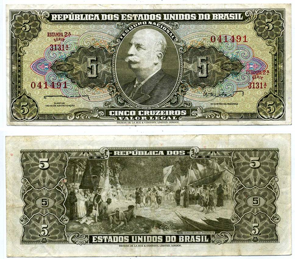 БРАЗИЛИЯ 5 КРУЗЕЙРО 1962 ПОДПИСЬ 11, СЕРИЯ 3131 Pick 176а бумага VF-XF 6318-4-1-2