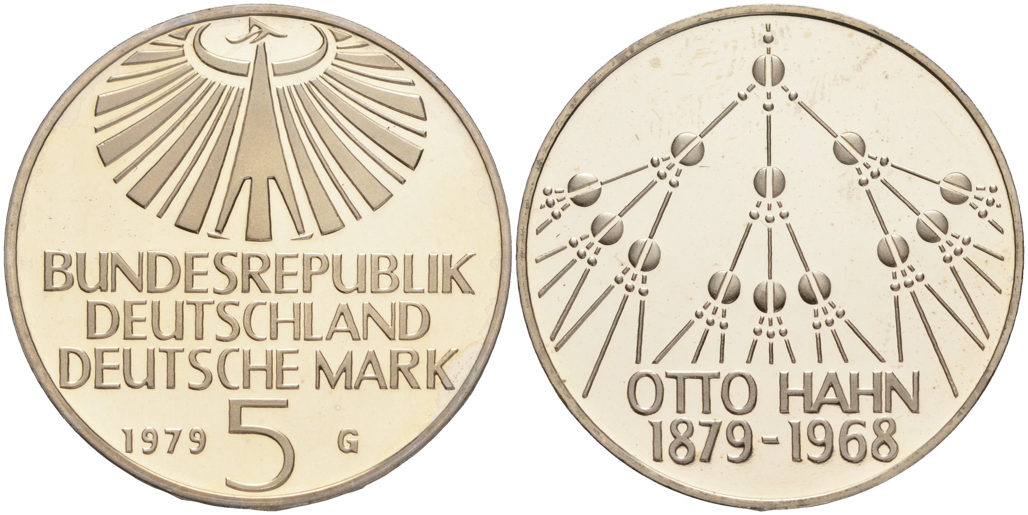 ФРГ 5 марок 1979 G, 100 лет со дня рождения Отто Хана KM 151, J.426 медно-никель плакированный никелем PROOF 02-265-13