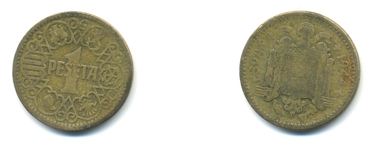 ИСПАНИЯ 1 ПЕСЕТА 1944 НАЦИОНАЛЬНОЕ ПРАВИТЕЛЬСТВО (1939-1947) KM 767 алюминиевая бронза 80-1057