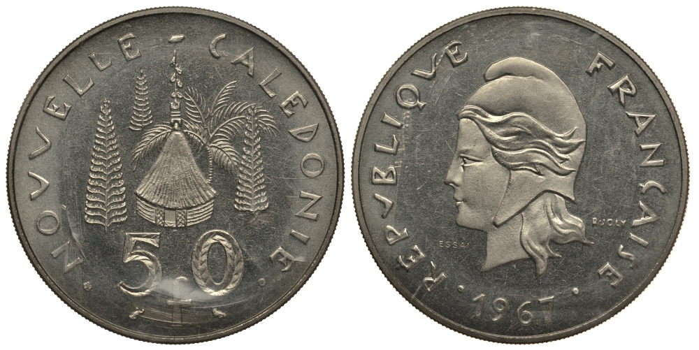 Французская Новая Каледония 50 франков 1967 PROBA, ESSAI, в оригинальной упаковке KM E13 никель UNC 272-331