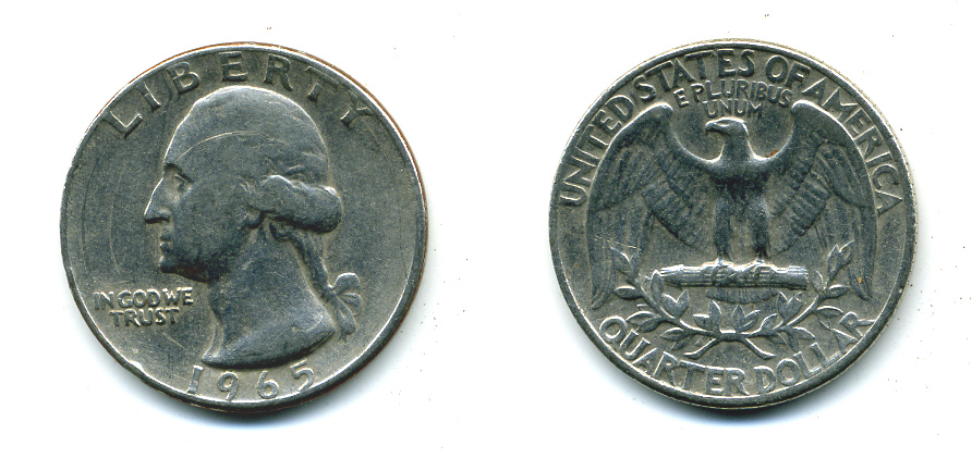 США 25 центов (квотер) 1965 Вашингтон KM 164а медь плакированная медно-никелем 46-1444