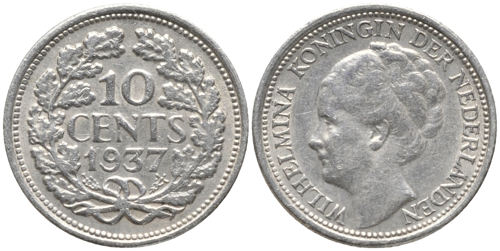 Нидерланды 10 центов 1937 Вильгельмина I (1890-1948) КМ 163 серебро 4387-856