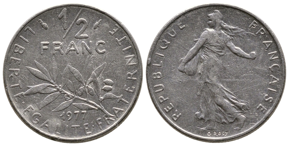 ФРАНЦИЯ 1/2 ФРАНКА 1977 СЕЯТЕЛЬ KM 931.1, LE FRANC 198.16 никель 26-1028
