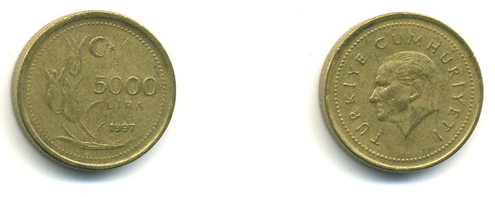 Турция 5000 лир 1997 Мустафа Кемаль Ататюрк KM 1029.1 латунь 176-1045
