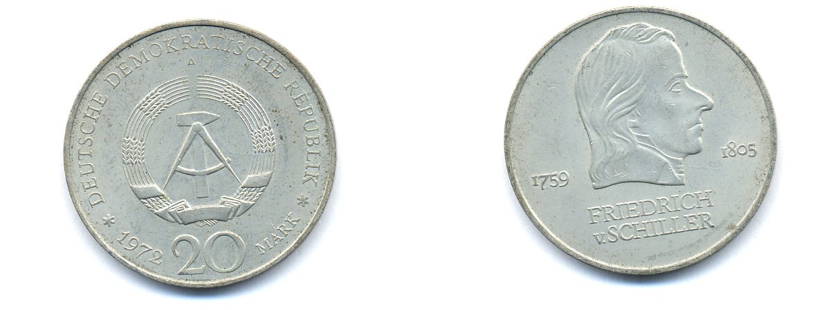 ГДР 20 марок 1972 А, Фридрих Шиллер (1759-1805) KM 40 медно-никель 3333-724