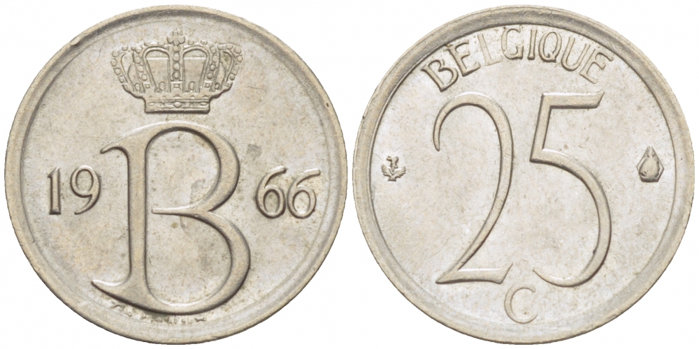 БЕЛЬГИЯ 25 САНТИМОВ 1966 BELGIQUE KM 153.1 медно-никель UNC 3996-1262