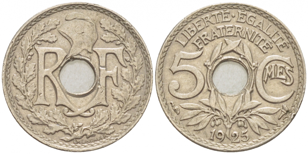 ФРАНЦИЯ 5 САНТИМОВ 1925 ТИП ЛИНДАЙЁ KM 875 медно-никель 3309-1016