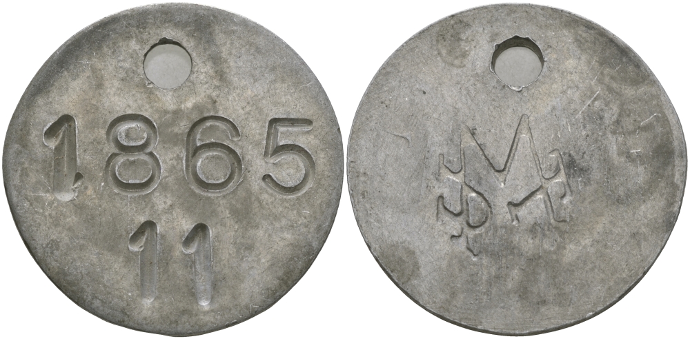 ЕВРОПА ЖЕТОН ND НА АВЕРСЕ 1865 11, НА РЕВЕРСЕ ЛОГОТИП, С ОТВЕРСТИЕМ, ДИАМЕТР 30 ММ. алюминий 97-711