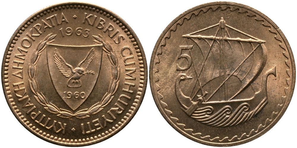 Кипр 5 милсов 1963 парусник KM 39 бронза aUNC 33-743
