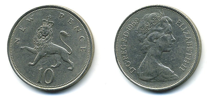Великобритания 10 пенсов 1969 Елизавета II (1952-2022) KM 912, Spink 4231 (F1) медно-никель  4110-1212