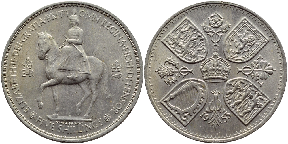 Великобритания 1 крона (5 шиллингов) 1953 коронация королевы Елизаветы, Елизавета II (1952-2022) Елизаветы KM 894, Spink 4136 медно-никель UNC 36-633
