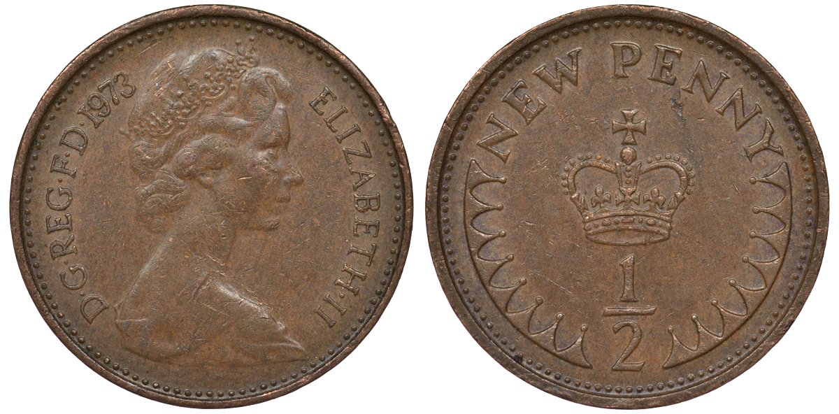 Великобритания 1/2 пенни 1973 Елизавета II (1952-2022) KM 914, Spink 4239 бронза 4124-561