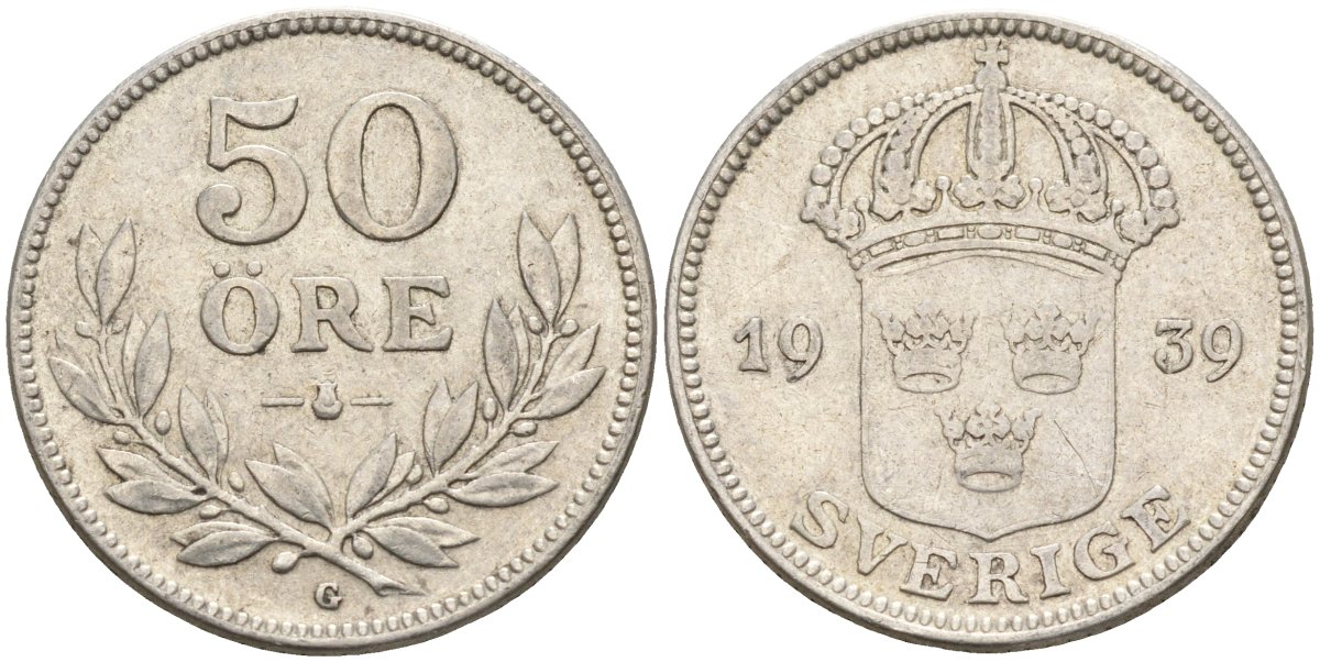 Швеция 50 эре 1939 G, Густав V (1907-1950) KM 788 серебро 4148-842