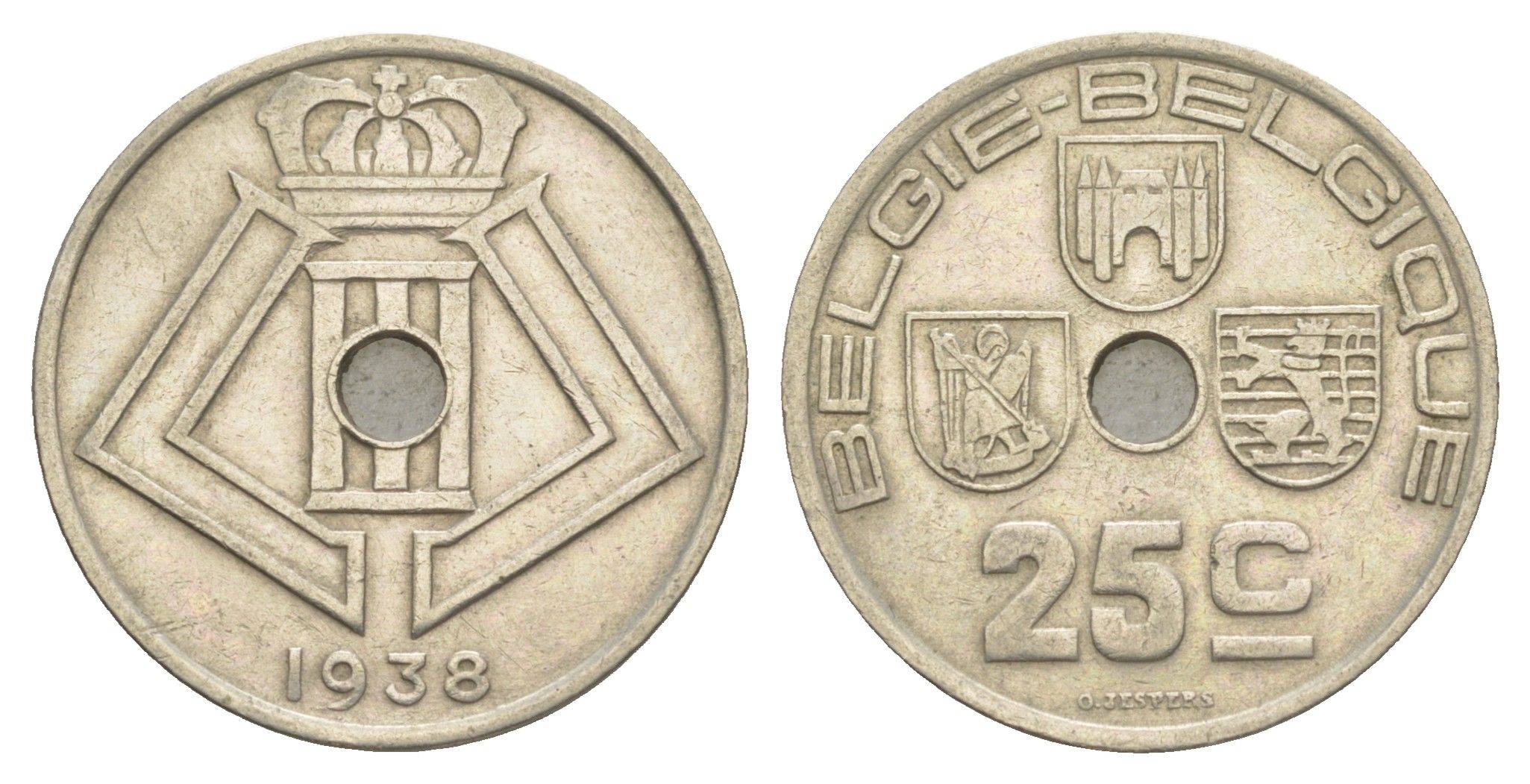 Бельгия 25 сантимов 1938 Belgie - Belgique, Леопольд III (1934-1951) KM 115 никель латунь 4538-854