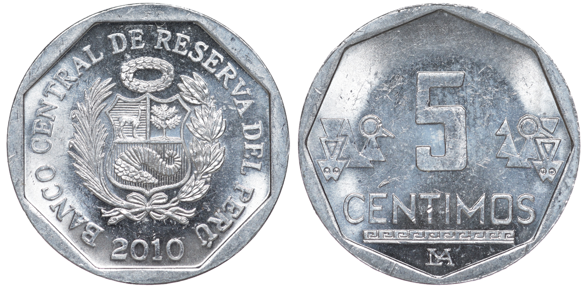 Перу 5 сентимо 2010 LIMA KM 304.4a алюминий aUNC 4189-1014