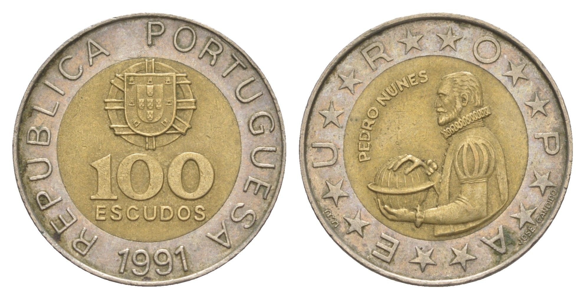 Португалия 100 эскудо 1991 Педру Нуниш (1502-1578), математик KM 645 биметалл 4388-751