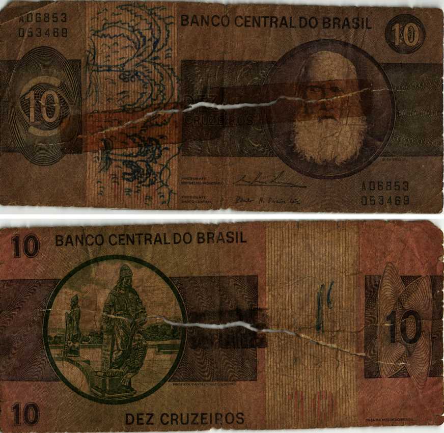 БРАЗИЛИЯ 10 КРУЗЕЙРО 1974 ПОДПИСЬ 18, СЕРИЯ А06853, ПЕДРО II Pick 193b бумага 6278-21-1-1