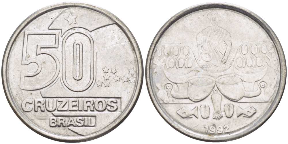 Бразилия 50 крузейро 1992 KM 620.2 нержавеющая сталь 4364-3423