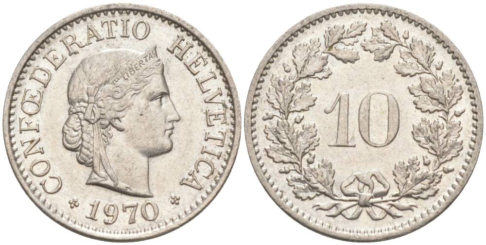 Швейцария 10 раппенов 1970 KM 27 медно-никель 55-427