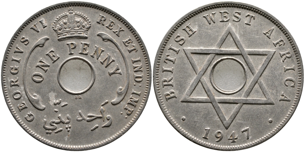 Британская Западная Африка 1 пенни 1947 Георг VI (1937-1952) KM 19 медно-никель 1523-314
