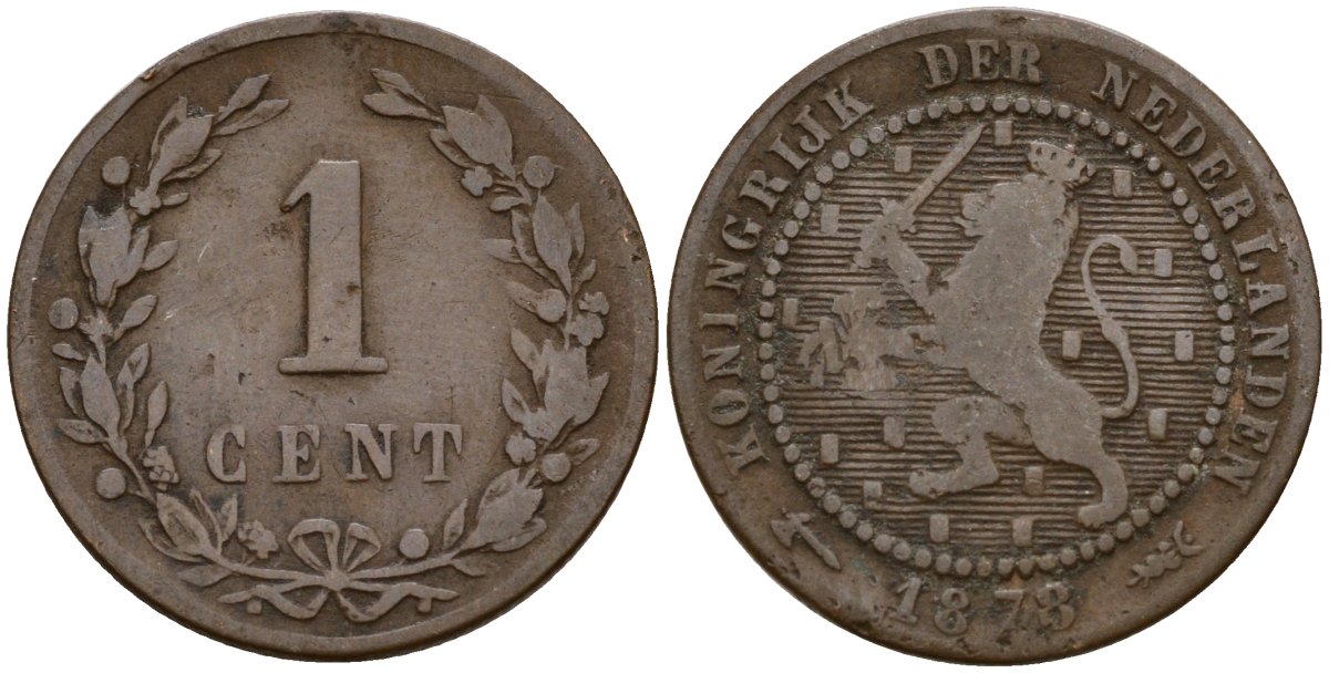 Нидерланды 1 цент 1878 Виллем III (1849 - 1890) KM 107 бронза 4169-1258