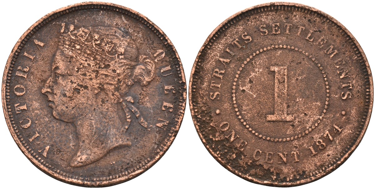 Стрейтс-Сетлментс 1 цент 1874 Виктория (1837-1901), Ост-Индская компания KM 9 медь 4590-324