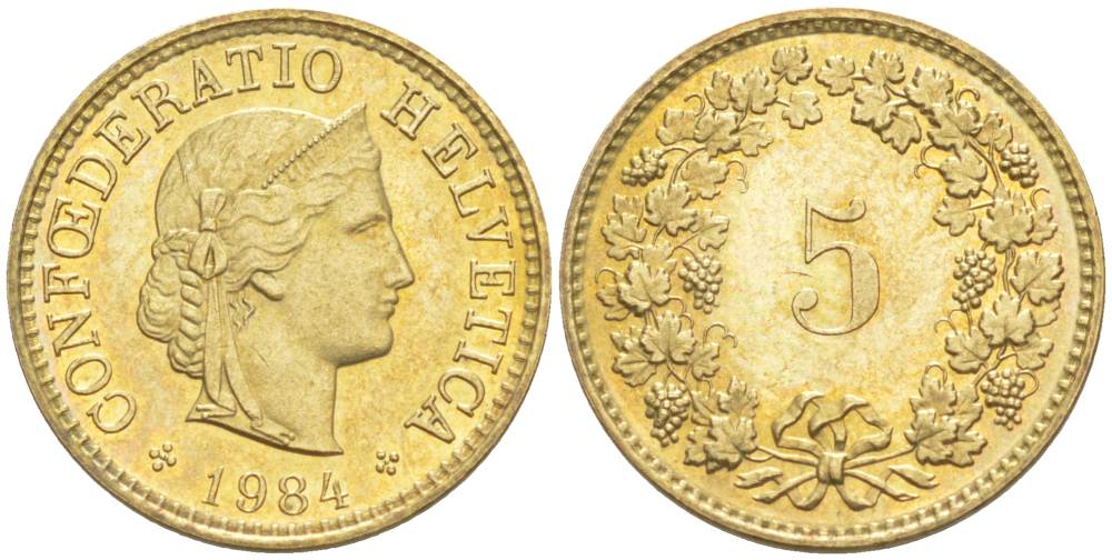 ШВЕЙЦАРИЯ 5 РАППЕНОВ 1984 KM 26с алюминий латунь 105-924
