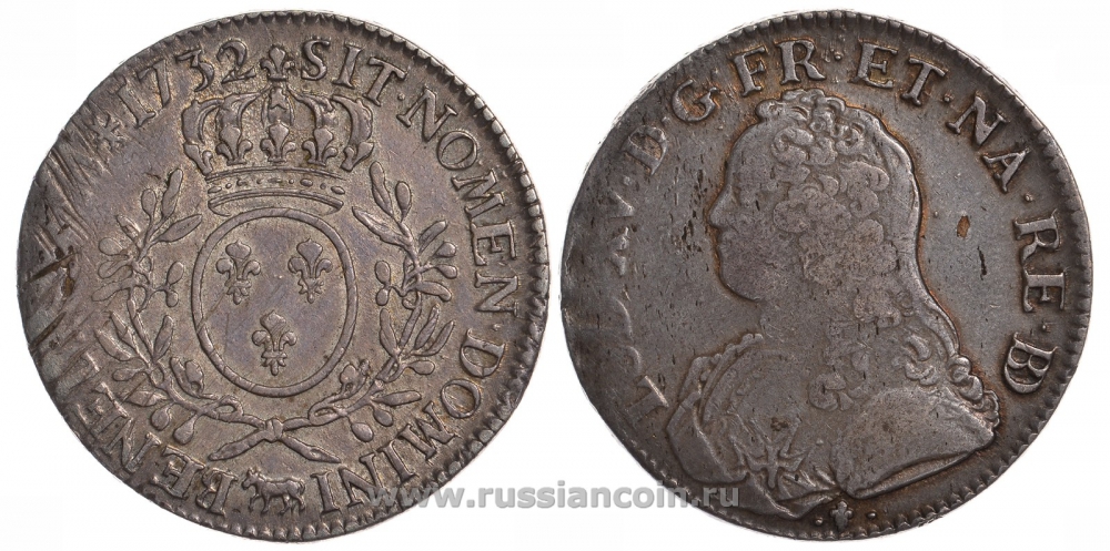 Франция 1 экю 1732 корова, Людовик XV KM 487, Dav. A1330 серебро 00-804-29