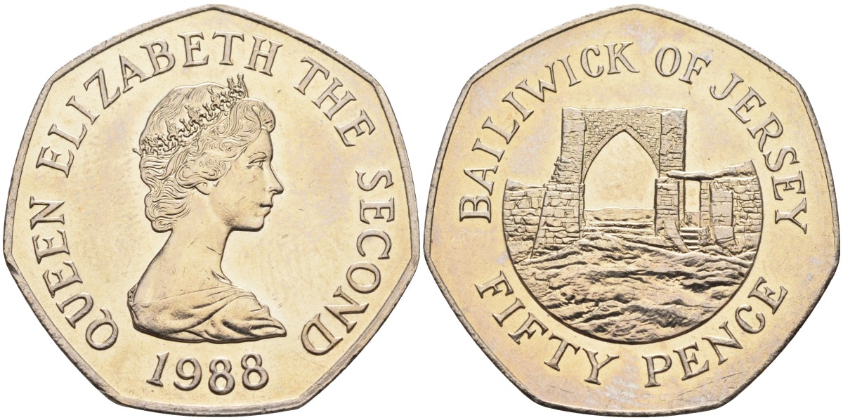 Джерси 50 пенсов 1988 замок Гросне, Елизавета II (1952-) KM 58.1 медно-никель UNC 4583-611