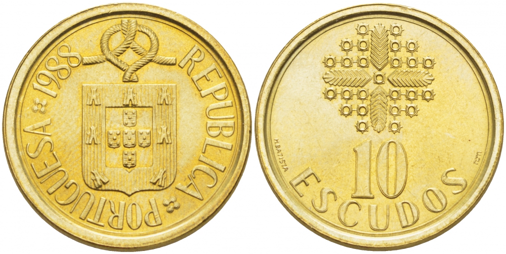 ПОРТУГАЛИЯ 10 ЭСКУДО 1988 KM 633 никель латунь 4523-537