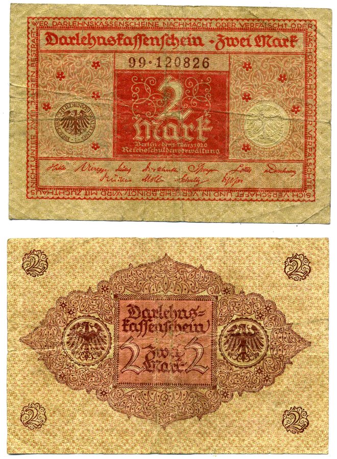 Германия 2 марки 1920 1 марта 1920, красная, серия 99 Pick 59, Розенберг 65b бумага 2195-36-3-2