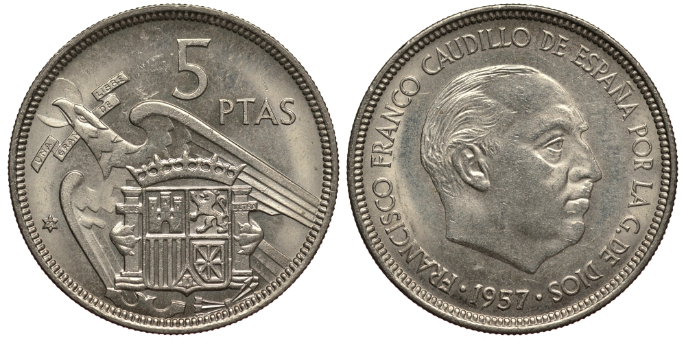 Испания 5 песет 1957 (71) Франсиско Франко (1939-1975) KM 786 медно-никель XF+ 4182-354