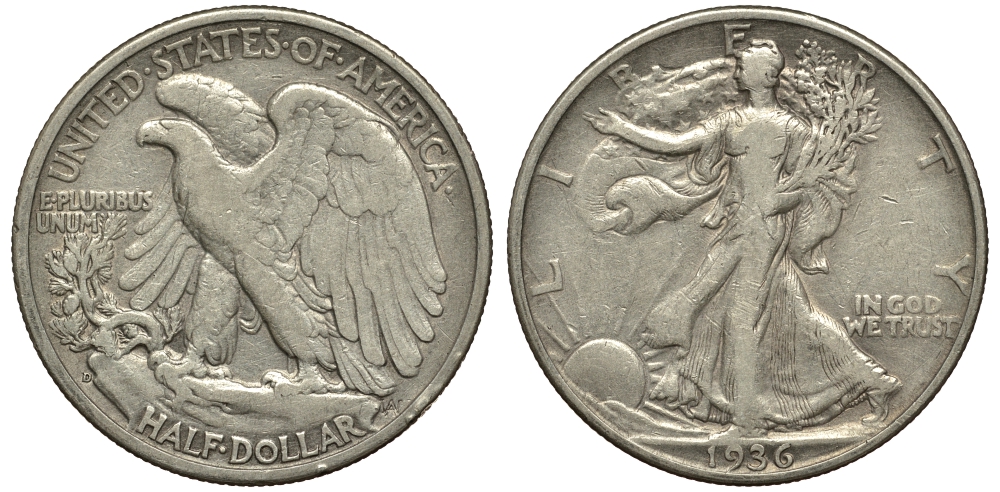 США 1/2 доллара (50 центов) 1936 D, шагающая свобода KM 142 серебро 413-242