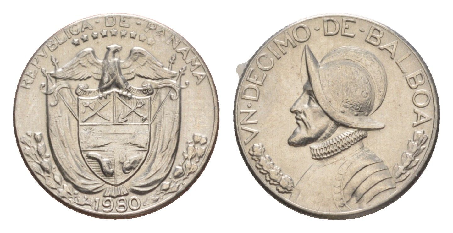 Панама 1/10 бальбоа (10 сентесимо) 1980 KM 10 медь плакированная медно-никелем UNC 4644-155