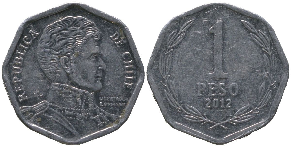 Чили 1 песо 2012 So KM 231, Schon 79 алюминий aUNC 4387-831